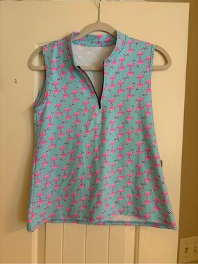 NWT Dona Jo Sleeveless Flamingo Print Aim Polo in Aqua and Pink size Medium